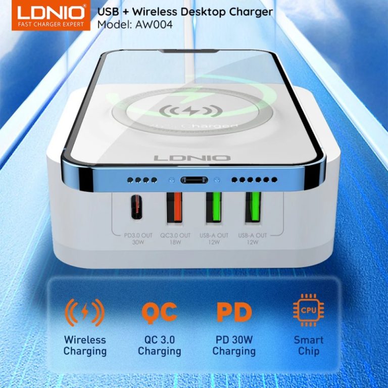 carregador ldnio 32w 5in1 15w wireless pd30w qc18w2auto id
